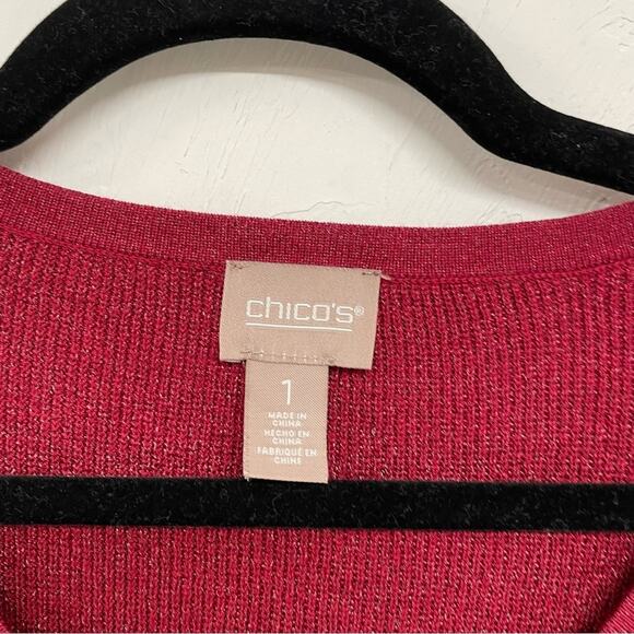 Chicos Red Metallic V Neck Pullover Sweater Womens M Holiday Casual Cozy - Picture 3 of 6